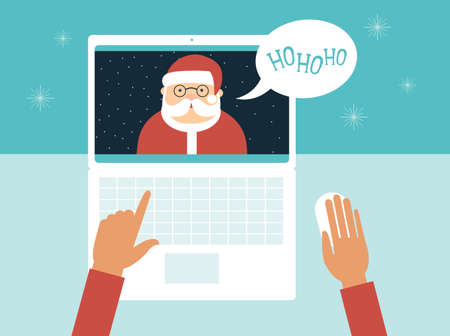Kid communicating with Santa Claus on video conference call. Concept illustration for coronavirus COVID-19 pandemic. Flat vector characterのイラスト素材