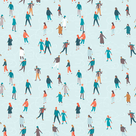 Happy people skating on the ice rink. Man and Woman Characters Have Fun Together. Christmas Holidays Concept. Cozy winter evening activities. Seamless pattern. Cartoon flat vector Illustrationのイラスト素材