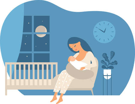 Young beautiful mother, breastfeeding her newborn baby at night. Mom breastfeeding infant. Sleepless nights with a child. Flat vector illustration.のイラスト素材