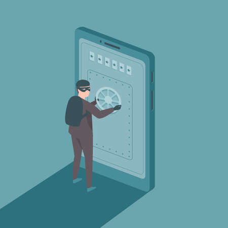 Mobile Phone Security Concept. Man in a black mask hacking into a smartphone. Cyber attacker trying to steal personal data. Flat vector illustration.のイラスト素材