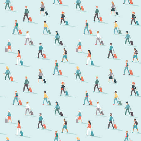Travelers seamless pattern. People going with luggage. Travel and transportation theme flat vector...