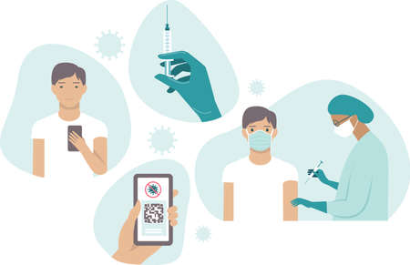 Flat vector set for vaccination against covid-19. Immunity passport. Safe travel due coronavirus outbreak. Valid digital certificate with qr code. Young man gets his vaccine shotのイラスト素材