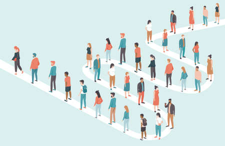 Large multiracial multiethnic group of people standing in long queues. Flat vector illustrationのイラスト素材