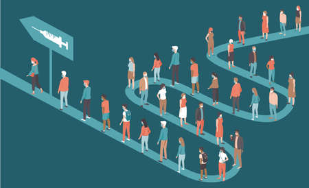 People standing in long queues to receive the vaccine against coronavirus covid-19. Mass vaccination campaign. Concept flat vector illustrationのイラスト素材