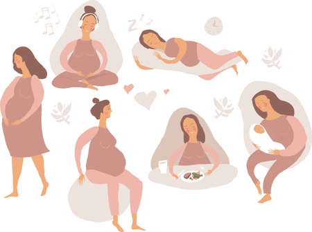 Pregnant Woman healthy Lifestyle Set, Happy Mother in Pregnancy Doing Exercises, nutrition, Sleeping, relaxing, flat Vector Illustrationのイラスト素材