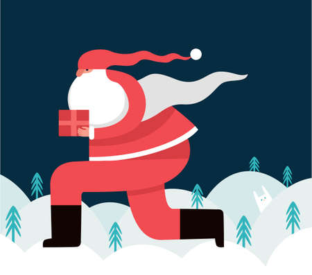 Santa Claus character is running and holding a box with Christmas present. Flat vector illustrationのイラスト素材