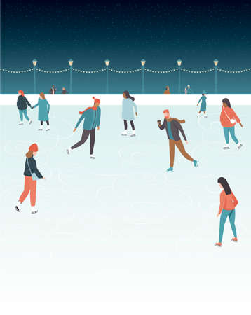 People skating on outdoor city ice rink. Winter seasonal activities. Design template with copy spaceのイラスト素材