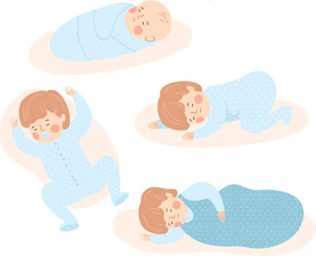Baby sleeps in various positions. 0-12 month. sleeping positions. Swaddled newborn. Toddler sleeps in a sleeping bag. vector illustration set.のイラスト素材