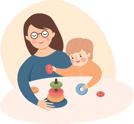 a little baby boy and his mother play with developing toys at home. Building colorful pyramid together. flat vector illustrationのイラスト素材