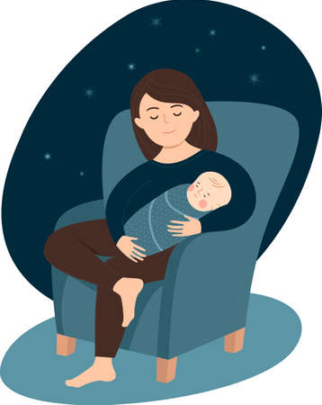 A loving mother is caring for her newborn baby at home. Happy woman holding a swaddled sleeping baby in her arms. vector illustration.のイラスト素材