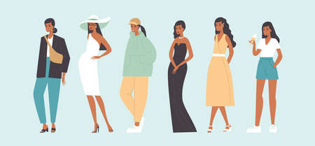 Set of stylish modern fashionable female looks. Flat vector cartoon characters. Collection of people in fashionable various urban outfitsのイラスト素材
