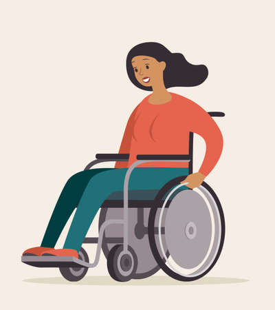 Portrait of a young handicapped woman. Young girl sitting in a wheelchair. flat vector illustrationのイラスト素材