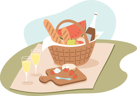 Picnic basket with food on green sunny lawn. flat vector illustrationのイラスト素材