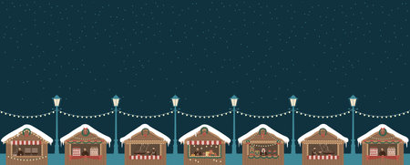 Christmas market wooden stalls kiosks. Cartoon market seller with New Year food, hot drink, mulled wine coffee or tea, sweets and gifts. Vector illustration with copy spaceのイラスト素材