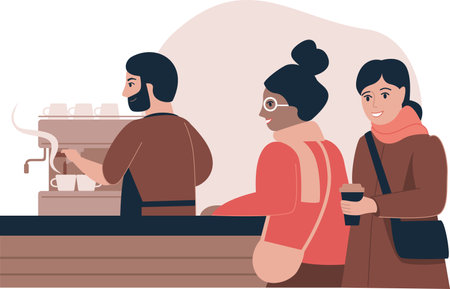 Young bearded barista making hot coffee for customers in a coffee house. flat vector charactersのイラスト素材