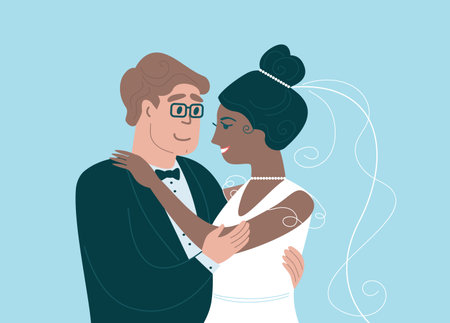Happy newlyweds. The groom carrying the bride holds her in his arms. multiracial couple. flat vector illustrationのイラスト素材