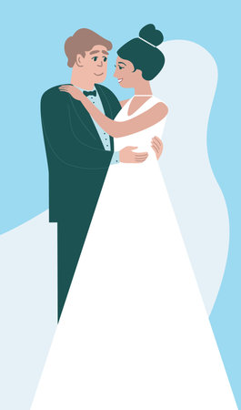 Happy bride and groom. Young caucasian couple standing posing happy on wedding day holding each other. flat vector charactersのイラスト素材