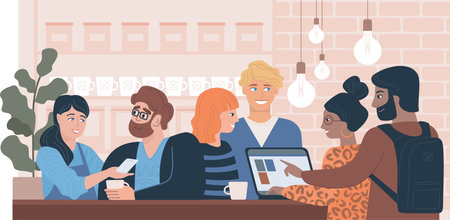 happy friends together. Young people communicating and working at modern coffeehouse. Multiracial group of people sitting on long table use laptop at cafe. coworking. Flat vector illustration.のイラスト素材