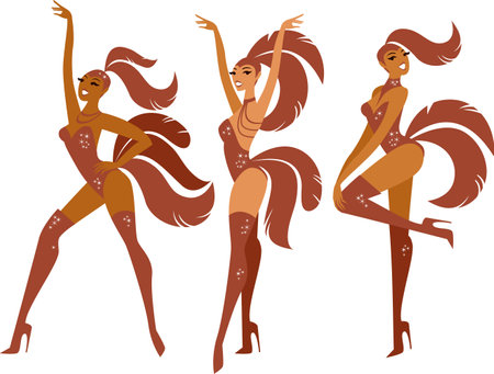 Beautiful burlesque show girls dancers in red sparkling costumes with plumeのイラスト素材