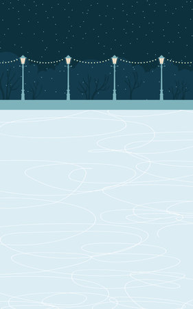 Vintage decorated ice rink at night. No people. Design template for your text. Christmas poster or bannerのイラスト素材