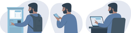 Man using payment terminal, mobile phone and laptop. Self service concept. Flat vector illustration