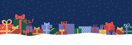 Merry Christmas and Happy New Year background. Colorful gift boxes with bowsin one row over dark blue night background with snow. Holiday banner, web poster, greeting card. flat vector illustrationのイラスト素材