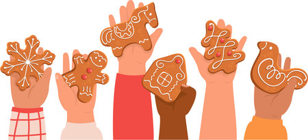 Children holding decorated gingerbreads. Kid's hands with traditional Christmas cookies. Flat vector illustrationのイラスト素材