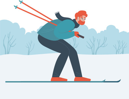 Man in outerwear skiing in forest or public park. Young man go cross-country skiing in the woods. Winter sport activities. Flat vector illustrationのイラスト素材
