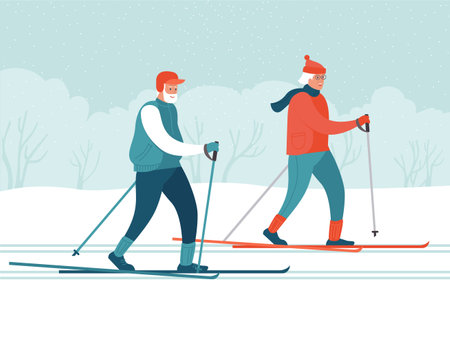 Elderly couple cross country skiing in the public park. Concept of active healthy lifestyle of seniors. Flat vector illustration.のイラスト素材