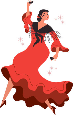 Young beautiful flamenco dancer. Woman in red traditional spanish dress dancing with castanets. Flat vector characterのイラスト素材