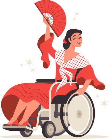 Young happy woman on a wheelchair dancing flamenco dance wearing traditional spanish dress. Inclusive dance. Flat vector characterのイラスト素材