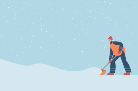Man removing snow with shovels. Worker in uniform cleaning city street after snowstorm. Flat vector illustration for text posterのイラスト素材