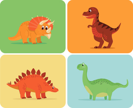 set of funny dinosaurs including T-rex, Brontosaurus, Triceratops, Stegosaur flat vectorのイラスト素材