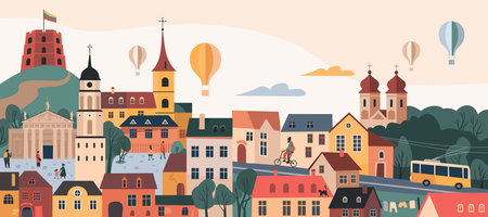 Vilnius Capital of Lithuania skyline with Gediminas castle tower, Old town, hot air balloons and other landmarks and symbols. Europe Old town street landscape. Horizontal design for flyer or posterのイラスト素材