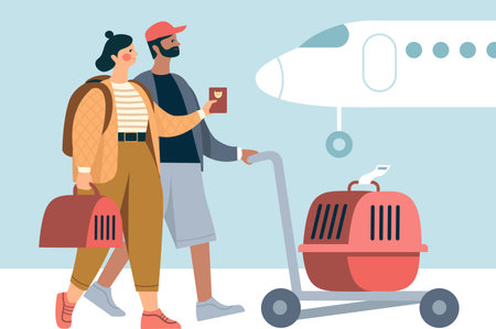Traveling with Pets by the airplane. Young couple with pet carriers is ready for boarding. Flat vector illustrationのイラスト素材