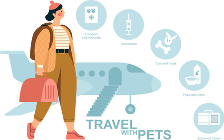 Tips for Traveling with Pets. Icons and infographics. Girl holding cabin pet carrier ready for boarding. Flat vector illustrationのイラスト素材
