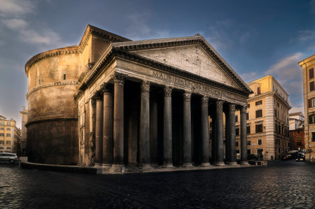 View of the Pantheon of Rome at down with nobody on the photo and the light of the morning sunの写真素材