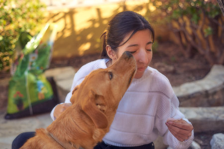 a dog kissing and licking a girl in the gardenの写真素材