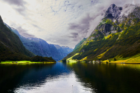 the end of the fiord of the dreams where it is known as the narrow fiord arriving to the village of Gudvangenの写真素材