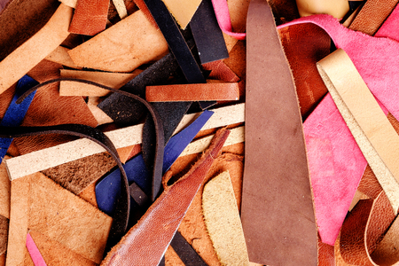 little colored scraps of leather, natural texture background, close upの写真素材