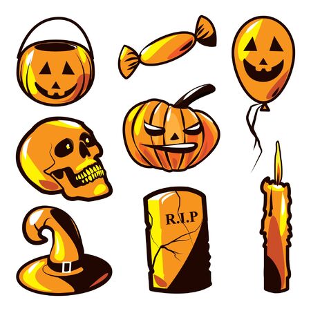Package of objects alluding to the Halloween night party, includes evil pumpkin, scared skull, candy bucket, children's candy, cracked tombstone, melted candle, witch hat and orange balloon.のイラスト素材
