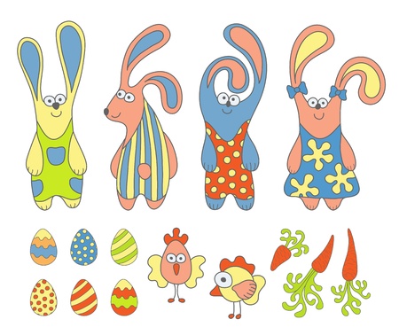 Cute cartoon rabbits and design Easter elements setのイラスト素材