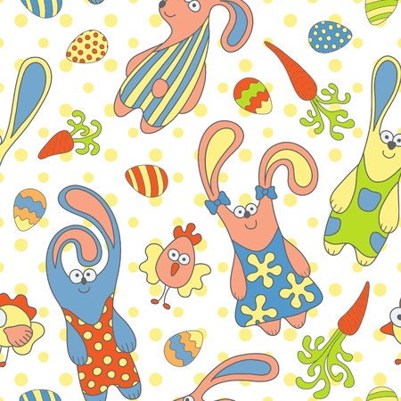 Cute seamless pattern with rabbits, carrots and chickensのイラスト素材