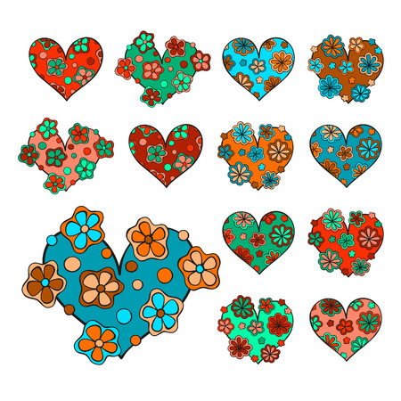 Set of cute drawn hearts with floral decorations.のイラスト素材