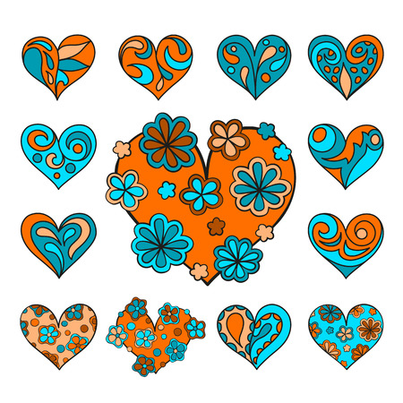 Set of cute drawn hearts with floral decorations.のイラスト素材
