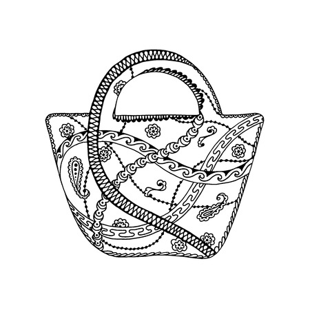 Fashion bag image. Based on a hand drawn sketch with ornamental pattern. Isolated.のイラスト素材