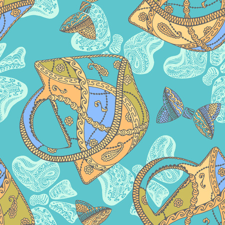 Fashion bag and bows seamless pattern. Based on a hand drawn sketch.のイラスト素材