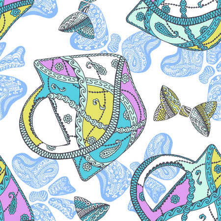 Fashion bag and bows seamless pattern. Based on a hand drawn sketch.のイラスト素材