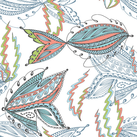 Seamless underwater life pattern. Hand drawn fish and seaweed. No gradients and clipping mask.のイラスト素材