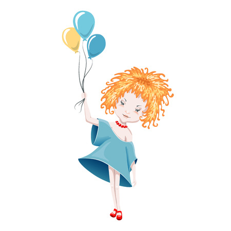 Cute curly girl with balloons, isolated on white.のイラスト素材
